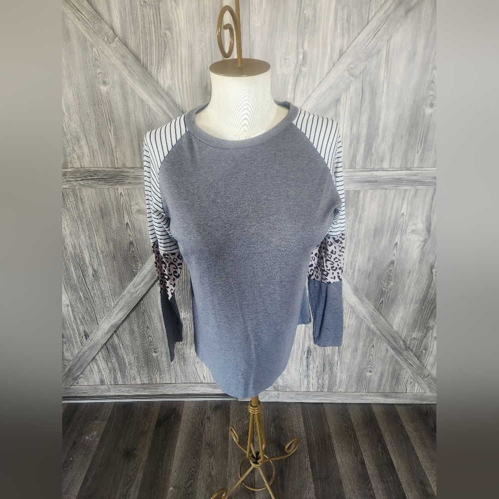 Grey Raglan Long Sleeve Top with Striped and Leopard Sleeve Panels